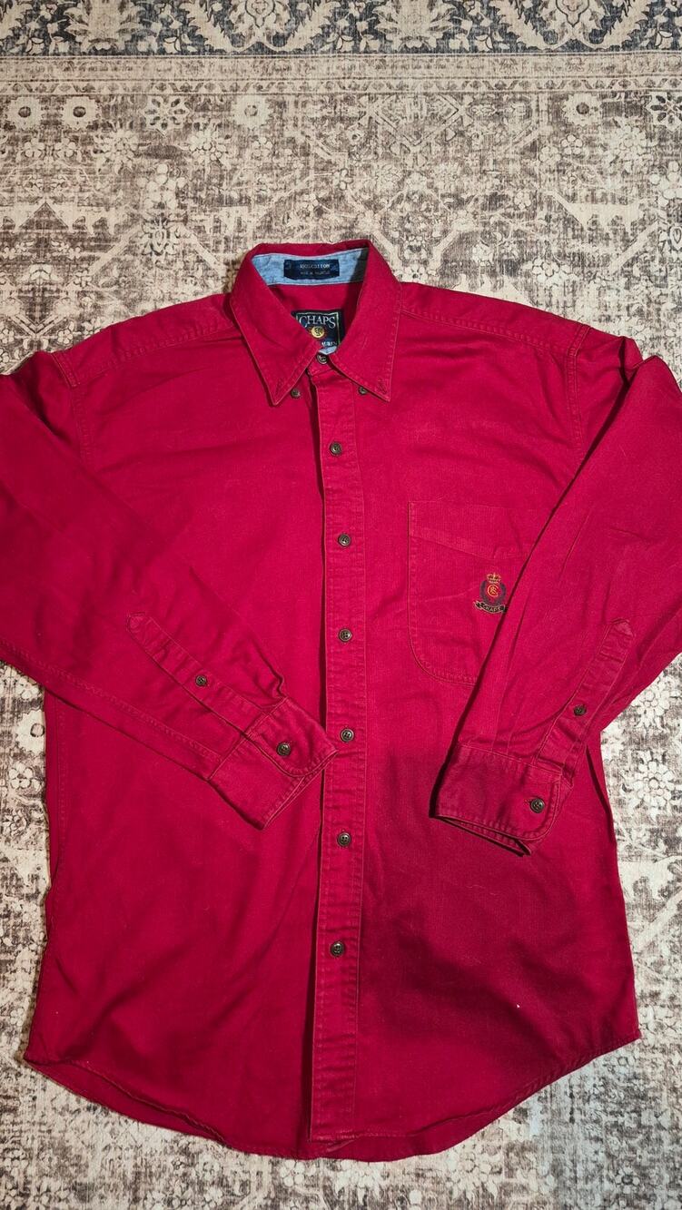 Vintage 90s Chaps Ralph Lauren Red Button Down Shirt Crest Logo Preppy Cotton